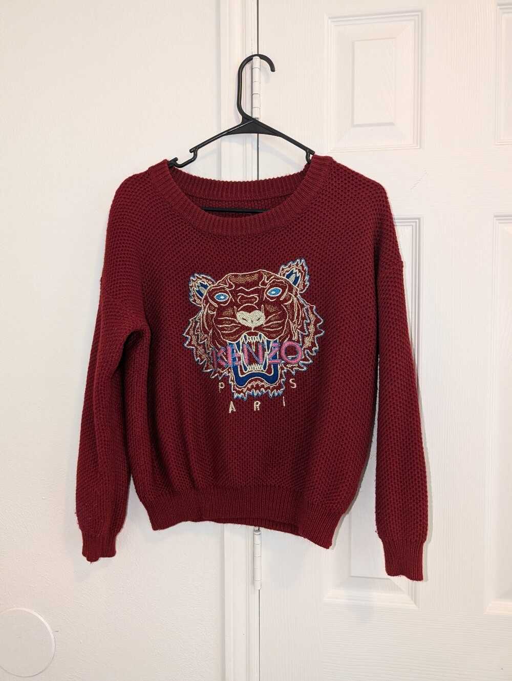 Kenzo Paris Red Embroidered Tiger Knit Sweater